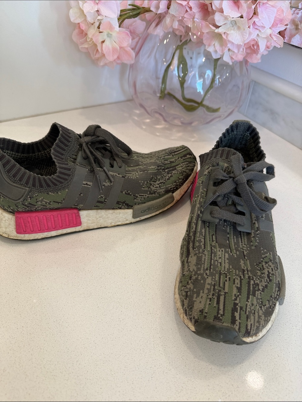 adidas Olive Green Knit Athletic Sneakers with Pink Accent